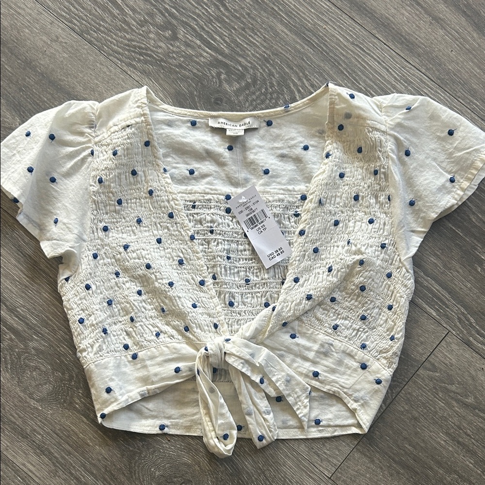 American Eagle Outfitters White Cropped Tie-Front Smocked Top with Blue Dots